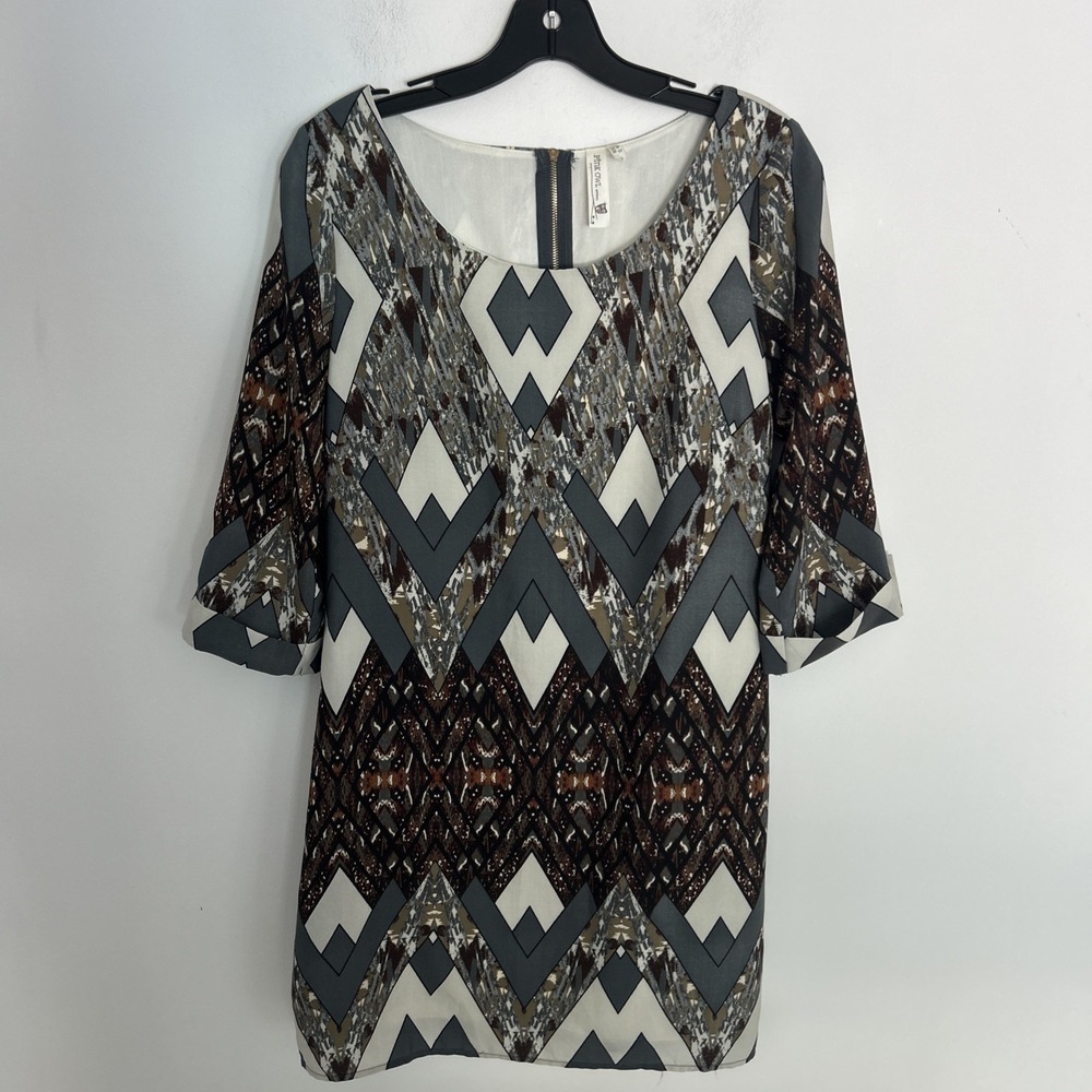 Pink Owl Women S Brown Grey Geometric 3/4 Flutter Sleeve Shift Dress Art To Wear
